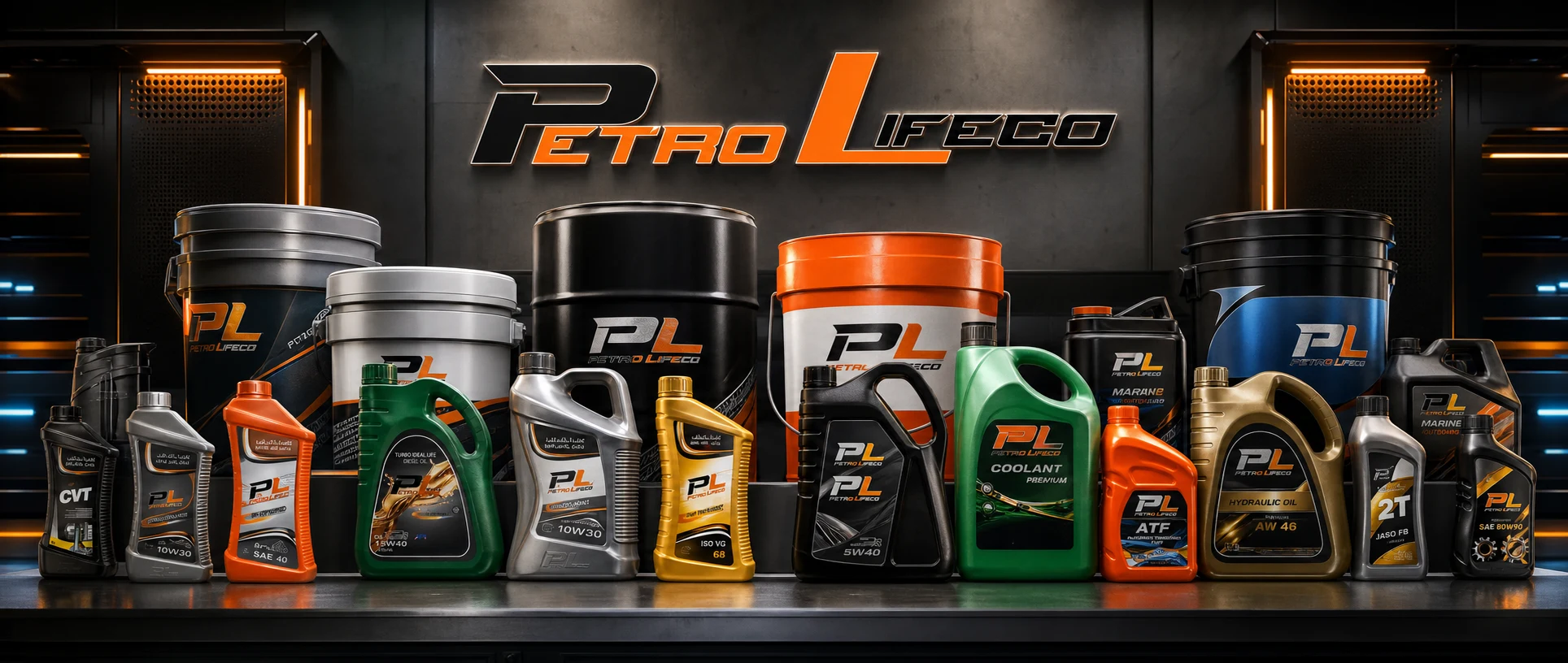 Petro Lifeco product lineup with bottles, jugs, pails, and drums across automotive, fleet, marine, coolant, hydraulic, and industrial lubricant families